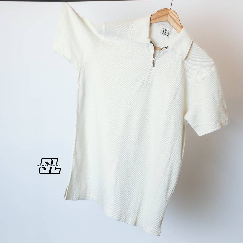 Cream Textured Zip Polo