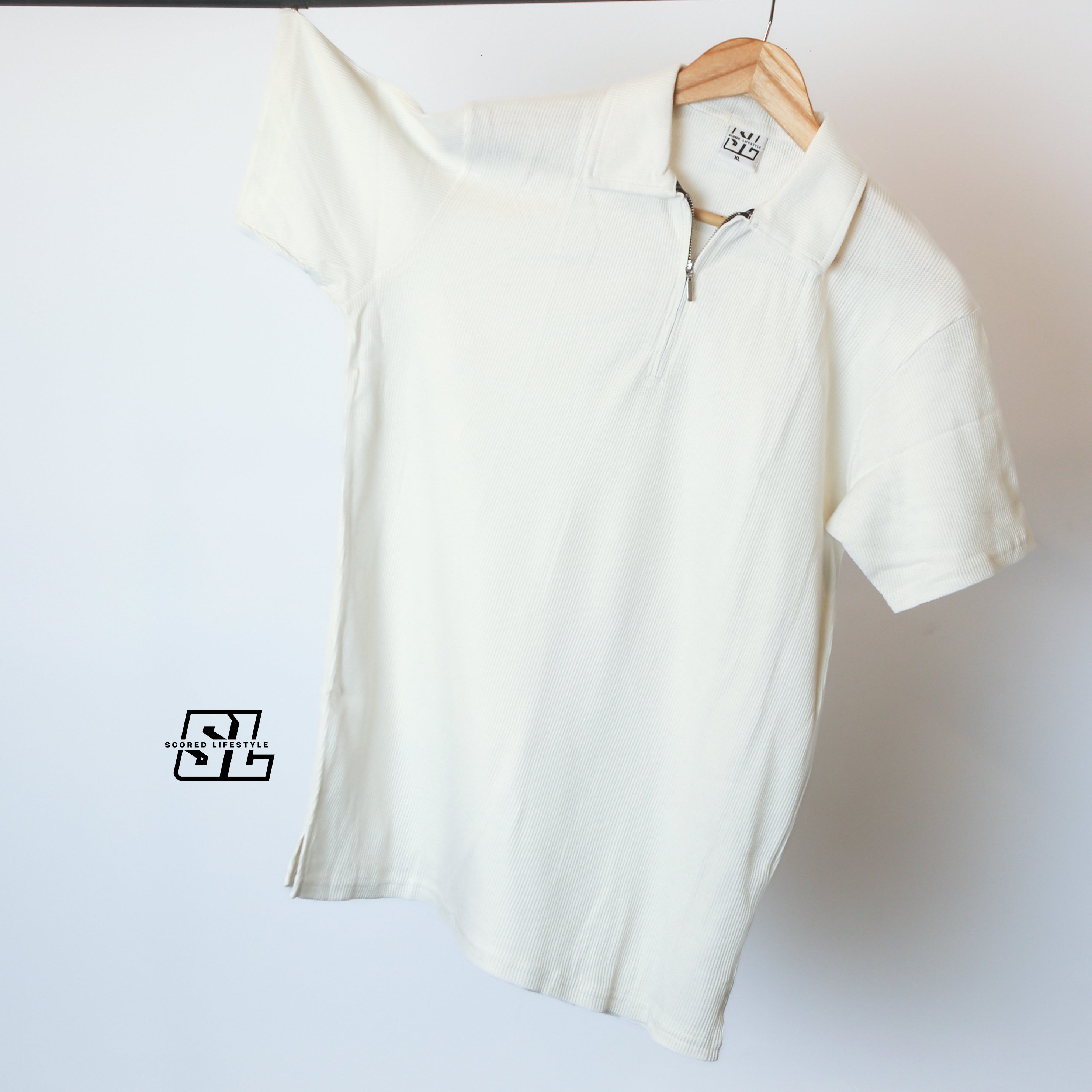 Cream Textured Zip Polo